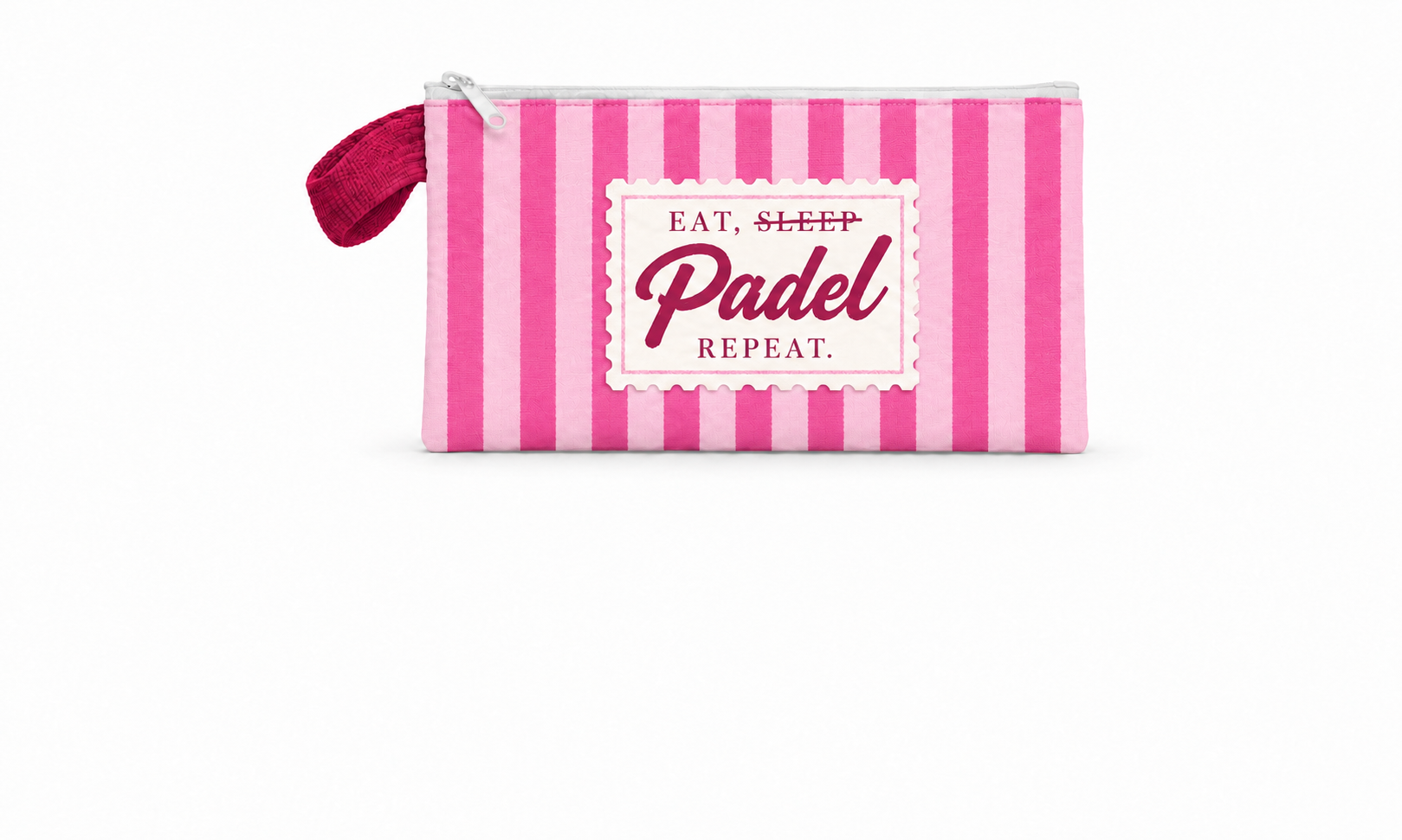 Pink striped padel pouch with raspberry loop НЕСЕСЕР за падел Eat Sleep Padel Repeat – розово райе - Image 1